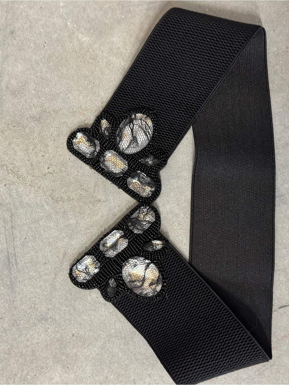Black Elastic Waist Belt with Decorative Silver Accents